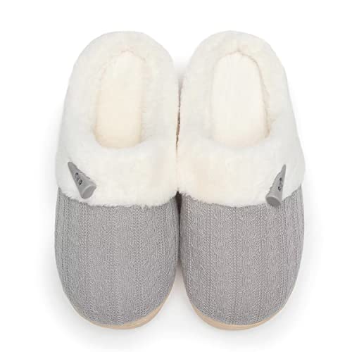 NineCiFun Women's Slip on Fuzzy Slippers Memory Foam House Slippers Outdoor Indoor Warm Plush Bedroom Shoes Scuff with Faux Fur Lining size 7 8 light grey