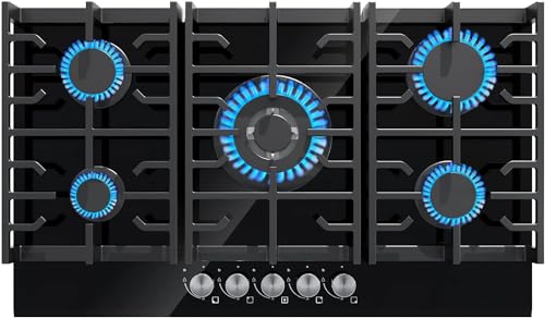 Davivy 34 inch Gas Cooktop,5 Burner Gas Stove Top,Built in All Black Tempered Glass Surface Gas Cooktop - NG/LPG Convertible,Dual Fuel,Thermocouple Protection,Easy to Install,CSA Certified,36004 BTU