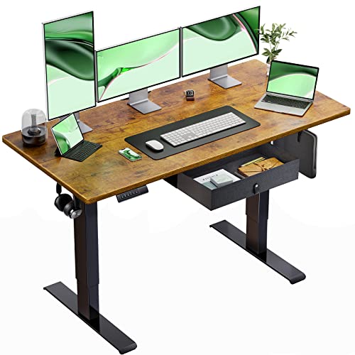 Marsail Standing Desk with Drawer, 48x24 Inch Adjustable Height Standing Desk, Electric Stand up Desk, Sit Stand Home Office Desk, Ergonomic Workstation for Home Office Computer Gaming Desk Rustic