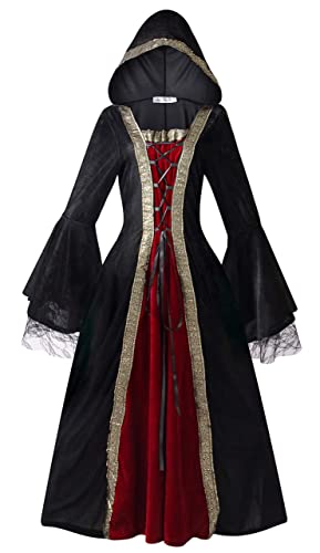 Colorful House Plus Size Medieval Dress, Renaissance Princess Costume for Women (Medium, Black(hooded))