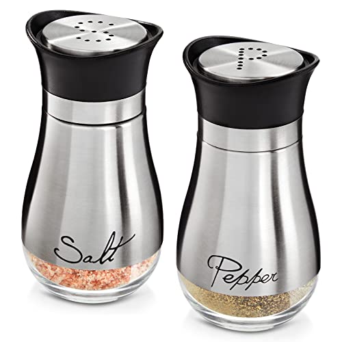 Stainless Steel Salt and Pepper Shaker Set with Glass Bottom, Perforated 'S' and 'P' Caps - Modern Kitchen Counter Decor (4oz)