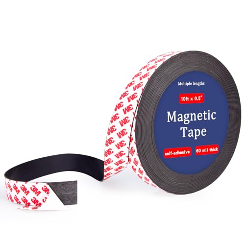Towjug 10 Feet x1/2 in Magnetic Tape Strips Roll with 3M Adhesive Backing, Flexible Sticky Magnet Tape for Lightweight Craft DIY Projects, Whiteboards and Fridge Organization (0.06' Thick)