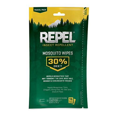 Repel Insect Repellent Mosquito Wipes, Repels Mosquitoes, Ticks, Gnats and Other Listed Pests, 30% DEET (15 Wipes) Travel Sized