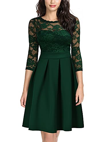 Miusol Women's Vintage Floral Lace 2/3 Sleeve Cocktail Party Swing Dress, Dark Green, Large