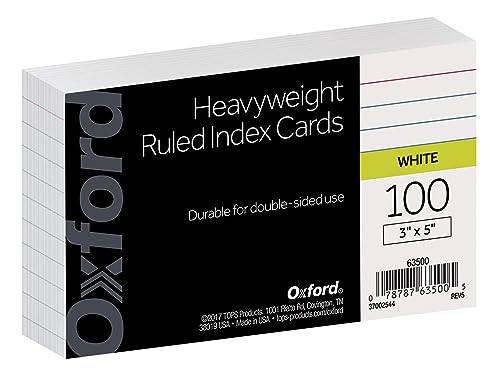 Oxford Heavyweight Ruled Index Cards, 3' x 5', White, 100 Per Pack (63500)