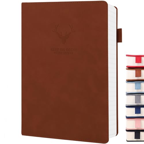 UIRIO Lined Journal Notebook - A5 Thick 360 Pages Wide Ruled Paper - Hardcover Leather Journal for Women, Men - Notebooks for Work, Writing, School (Brown)