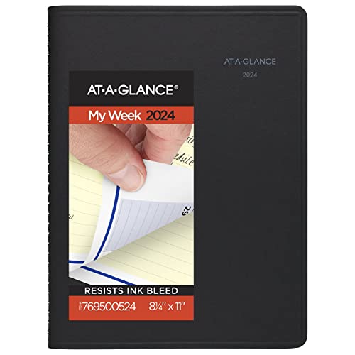 AT-A-GLANCE 2024 Weekly & Monthly Planner, QuickNotes, Quarter-Hourly Appointment Book, Monthly Tabs, 8-1/4' x 11', Large, Pockets, Black (769500524)