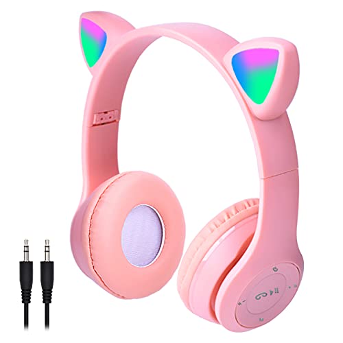 Pink Headphones for Kids, Megedream Cat Ear Led Light Up Kids Headphones Wiressless, 3.5mm Jack Wired, TF Card 3 in 1 Headset for Kids/School/iPad/Kids Tablet/Travel - Foldable Over
