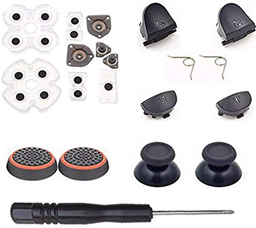 for Sony Playstation 4 PS4 for Dualshock 4 L1 R1 L2 R2 Trigger Springs Buttons + 2 Joystick Thumb Sticks + 2 Joystick Silicone Caps + 2 Springs + 1 Screwdriver + 1 Set Silicone Conductive Rubber Pads