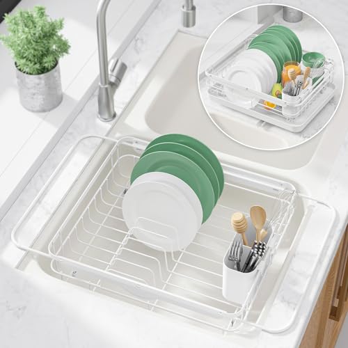 Kitsure Dish Drying Rack in Sink - Dual-Use Dish Rack for Countertops & Sinks, Stainless Steel Dish Rack for Kitchen Counter, Over The Sink Kitchen Drying Rack with a Draindboard, White