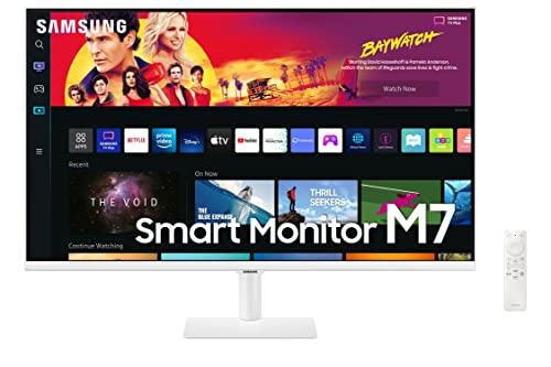 SAMSUNG 32' M70B Series 4K UHD USB-C Smart Monitor & Streaming TV, 4ms, 60Hz, HDR10, Wireless Display, Slimfit Camera, Gaming and IoT Hubs, Alexa Built in, 2022, LS32BM703UNXZA, White