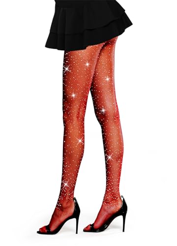 LUCKELF Sexy High Waist Tights Sparkle Rhinestone Fishnets Party Rhinestone Mesh Stockings (Free Size, Red)