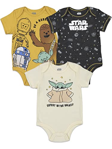 STAR WARS Yoda R2-D2 Chewbacca Newborn Baby Boys 3 Pack Bodysuits White/Gray/Yellow 6-9 Months