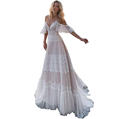 Women's Wedding Dresses Chic Lace Evening Dresses V Neck Ruffle Sleeves Beachy Boho Outdoorsy Wedding Gowns(Nude Pink,M)