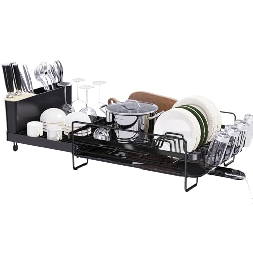 Runnatal Large Dish Drying Rack with Drainboard Set, Extendable Dish Rack, Utensil Holder, Cup Holder, Expandable Dish Drainer for Kitchen Counter