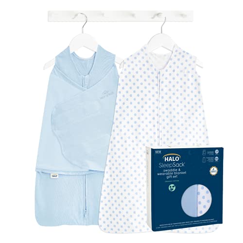 HALO Sleepsack Swaddle 3-6 Months and Wearable Blanket 6-12 Months 100% Organic Cotton 2-Piece Gift Set with Box, TOG 1.5, Chambray