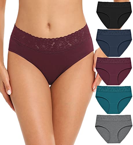 RHYFF Womens Underwear Cotton Hipster Panties Lace Soft Bikini Panty Ladies Stretch Full Briefs 5 Pack S-XL(R6004XL-Dark)