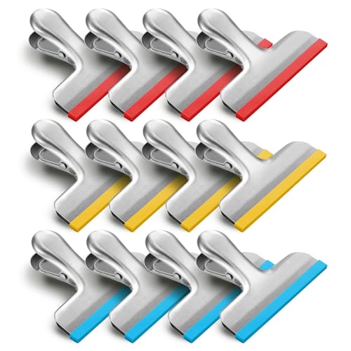 HOUSE AGAIN 12 Pack Stainless Steel Chip Bag Clips Covered with Silicone - NO More Sharp Edges - Color Coded for Food Bags - Air Tight Seal, Heavy Duty for Kitchen and Office, 3 Inches