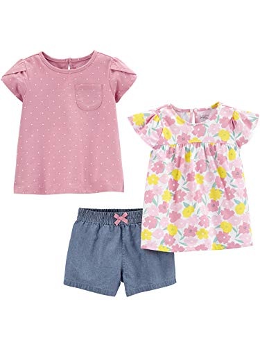Simple Joys by Carter's Baby Girls' 3-Piece Playwear Set, Denim/Pink Dots/White Floral, 2T