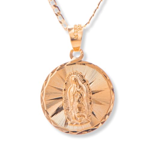 MXArtsCrafts - Virgen de Guadalupe round gold medal necklace, 14k gold laminated Chain with charm Our Lady of Guadalupe, Virgin Mary pendant Necklace, Religious Catholic Jewelry with gift box