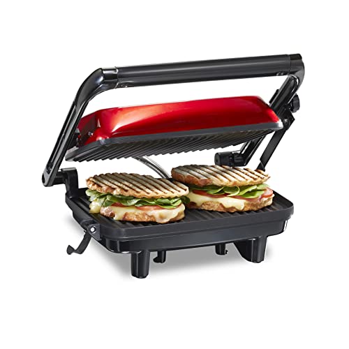 Hamilton Beach Panini Press Sandwich Maker & Electric Indoor Grill with Locking Lid, Opens 180 Degrees for any Thickness for Quesadillas, Burgers & More, Nonstick 8' x 10' Grids, Red (25462Z)