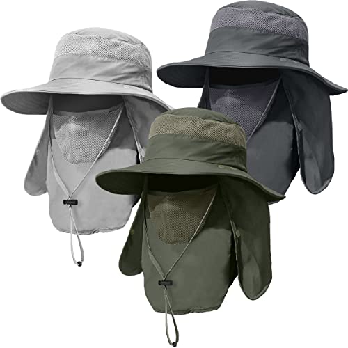 3 Pack Mens Outdoor Wide Brim Fishing Hat,UPF 50+ Sun Protection Cap with Face Neck Flap for Hiking & Garden