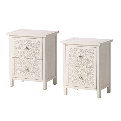 COZAYH Set of 2 Farmhouse Fully-Assembled Nightstand with 2-Drawer, Flower Motif End Table for Small Spaces, French Country, Modern, Distressed Finish, White-Washed