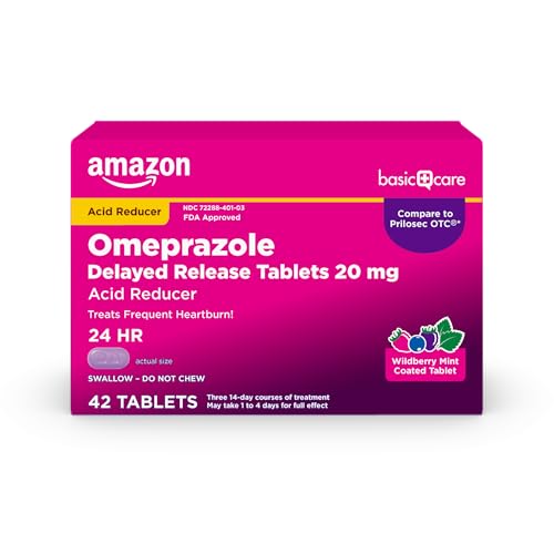 Amazon Basic Care Omeprazole Delayed Release Tablets 20 mg, Acid Reducer, Wildberry Mint Coated Tablet, Heartburn Medicine, 42 Count