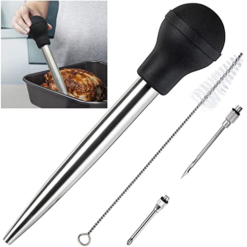 KAYCROWN Stainless Steel Turkey Baster Commercial Grade Quality Rubber Bulb Including 2 Marinade Injector Needles and Brush for Easy Clean Up