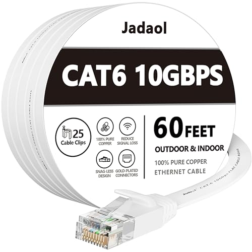 Cat 6 Ethernet Cable 60 ft, Outdoor&Indoor, 10Gbps Support Cat8 Cat7 Network, Slim Long Flat Internet LAN Patch Cord, Cat6 High Speed Weatherproof Cable for Router, Modem, PS4/5, Xbox, Gaming, White