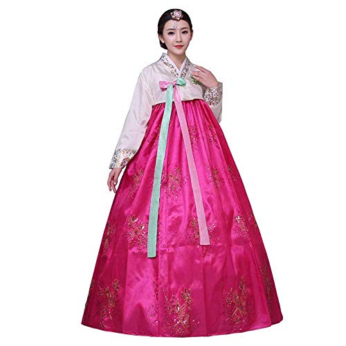 Female Korean Traditional Long Sleeve Classic Hanboks Dress Cosplay Costume Women Palace Korea Wedding Dance Costume (M, Rose Red)