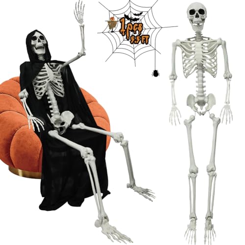 Life Size Skeleton, 5.4ft Poseable Full Size Skeleton with Black Cloak, Human Bones for Halloween Decor Front Yard Patio Lawn Garden