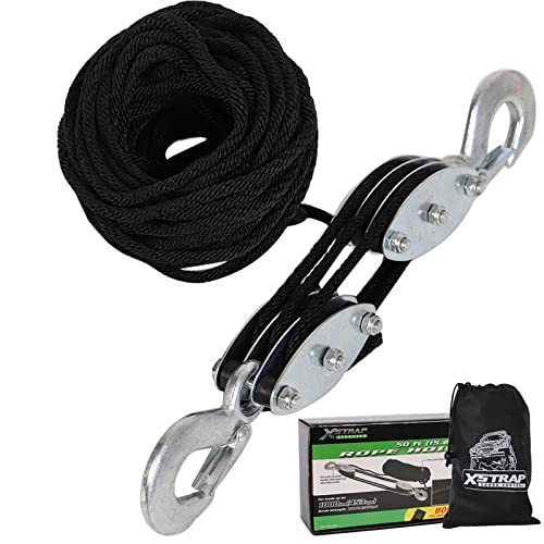 XSTRAP STANDARD Heavy-Duty 2,000 LB Breaking Strength 50 FT Rope Hoist, Metal Wheels Bearing Structure, 1000 LB Work Load Block and Tackle Pulley System for Lifting Heavy Objects, with 2pcs Soft Loops