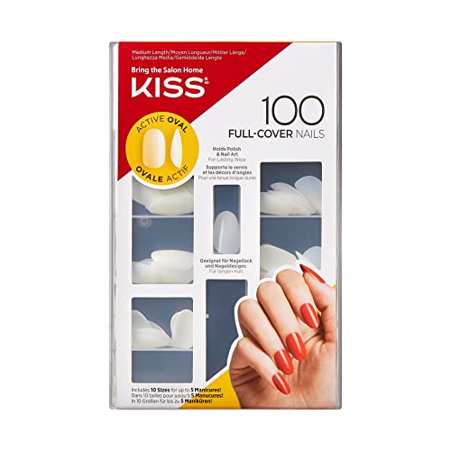 KISS 100 Full-Cover Nails, Press-On Nails, Nail glue included, Active Oval' Shape, Clear, Medium Size, Oval Shape, Includes 100 Nails, 3g Maximum Speed Nail Glue