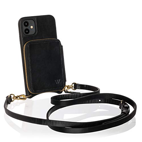 Wilken Genuine Leather iPhone Crossbody Wallet and Purse Phone Case | Includes a Wristlet and Shoulder Strap | Holds Cash and Credit Cards in Leather Zipper Pouch (Black, 13 Pro)