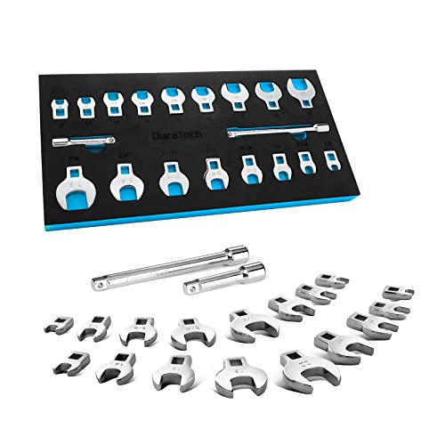 DURATECH 3/8' Drive Crowfoot Wrench Set with 2 Extension Bars, SAE & Metric, 19-Piece, 10-22mm & 3/8'-7/8', CR-V Steel, with EVA Foam Tool Organizer