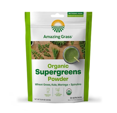 Amazing Grass Super Greens Booster: Greens Powder Smoothie Mix with Spirulina, Moringa, Wheat Grass & Kale Smoothie Booster, Chlorophyll Providing Greens, 30 Servings