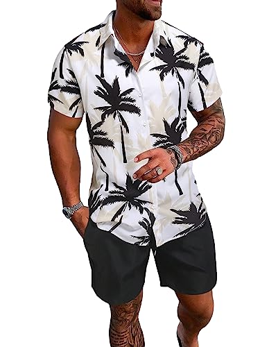 SOLY HUX Men's 2 Piece Outfits Tropical Print Short Sleeve Button Down Hawaiian Shirt and Shorts Set Black and White Tropical L