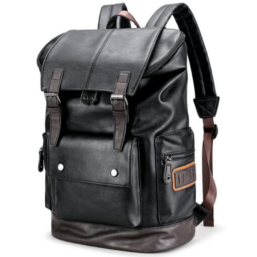 CHAO RAN Vintage Leather Laptop Backpack For Men, Men Black Leather Backpack Work Business Travel Waterproof Bags College Backpack Fit 17 Inch Laptop Black