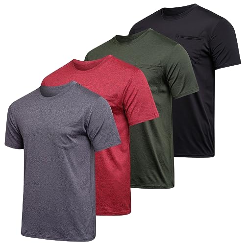 Mens Quick Dry Dri Fit Moisture Wicking Active Wear Workout Running Training Athletic Performance Short Sleeve Crew Pocket T-Shirt Undershirt Essentials Top Tee ropa Deportiva para Hombre-Set 4, XXL