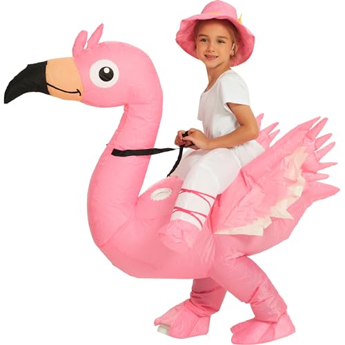 One Casa Inflatable Flamingo Costume Riding On Flamingo Air Blow up Funny Fancy Dress Party Halloween Costume for Kids (7-10Yrs)