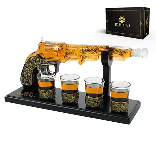 Luxury Gun Decanter with 4 Shot Glasses, Gift Box, & Funnel - Cool Unique Whiskey Decanter Sets for Men & Women - Crystal Glass Alcohol Dispenser Set for Liquor Wine Bourbon Scotch Tequila Gifts