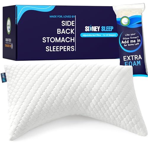Sidney Sleep Pillow for Side and Back Sleepers - Comfort for Neck and Shoulder Pain - Adjustable and Customizable Shredded Memory Foam Filling - Queen Size - Includes Additional Foam Fill (White)