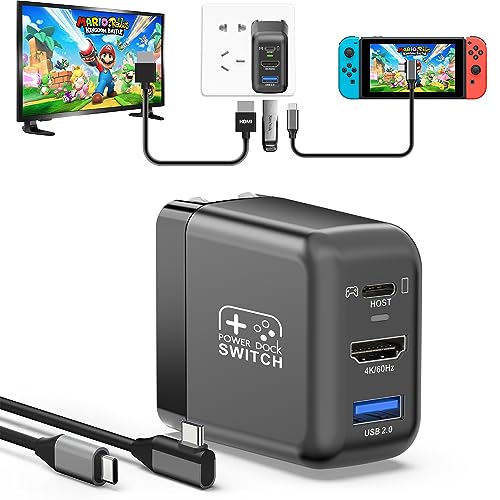 RREAKA Switch Dock Charger, 30W Portable TV Docking Station for Nintendo Switch/OLED with 4K@60Hz HDMI/USB2.0/USB-C 3.1, Charging Port with Full-Featured USB-C Cable (Black)