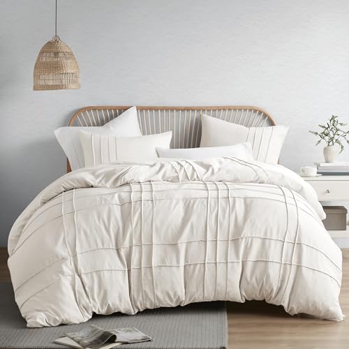 Comfort Spaces Cream King Duvet Cover Set - 3 Pieces Pintuck Pleated Farmhouse Duvet Cover, All Season Lightweight, Cotton-Like Softness Pre-Washed Microfiber King Bedding Cover Shams, King/Cal King