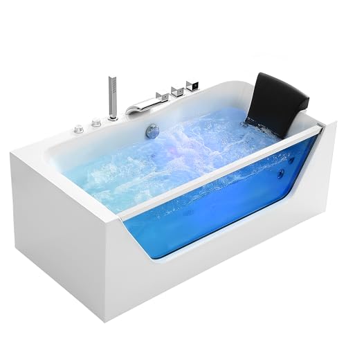 Empava Whirlpool Bathtub with 11 Jets,59' Spa Tub with Light,Hydromassage with Chromatherapy,Acrylic,3-Side Apron,White