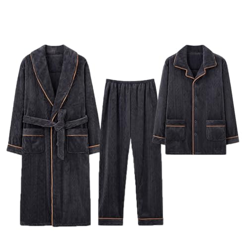 GHYUBYER 3 Piece Robe Men Flannel Fleece Pajamas Set Button-Down Sets Soft Fluffy Soft Sleepwear Loungewear (Color : Dark grey, Size : XX-Large)