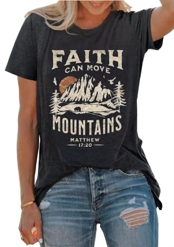 Faith Can Move Mountains Shirt Women Letter Printed Summer Vacation Tee Mountain Adventure Shirt Hiking Camping Shirt (Large, Grey)