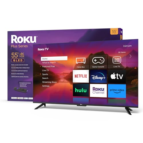Roku 55' Plus Series 4K Dolby Vision HDR10+ QLED Smart RokuTV with Voice Remote Pro, Striking 4K Resolution, Automatic Brightness, Dolby Vision and HDR10+