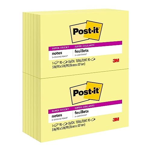 Post-it Super Sticky Notes, 12 Sticky Note Pads, 3 x 5 in., School Supplies, Office Products, Sticky Notes for Vertical Surfaces, Monitors, Walls and Windows, Canary Yellow